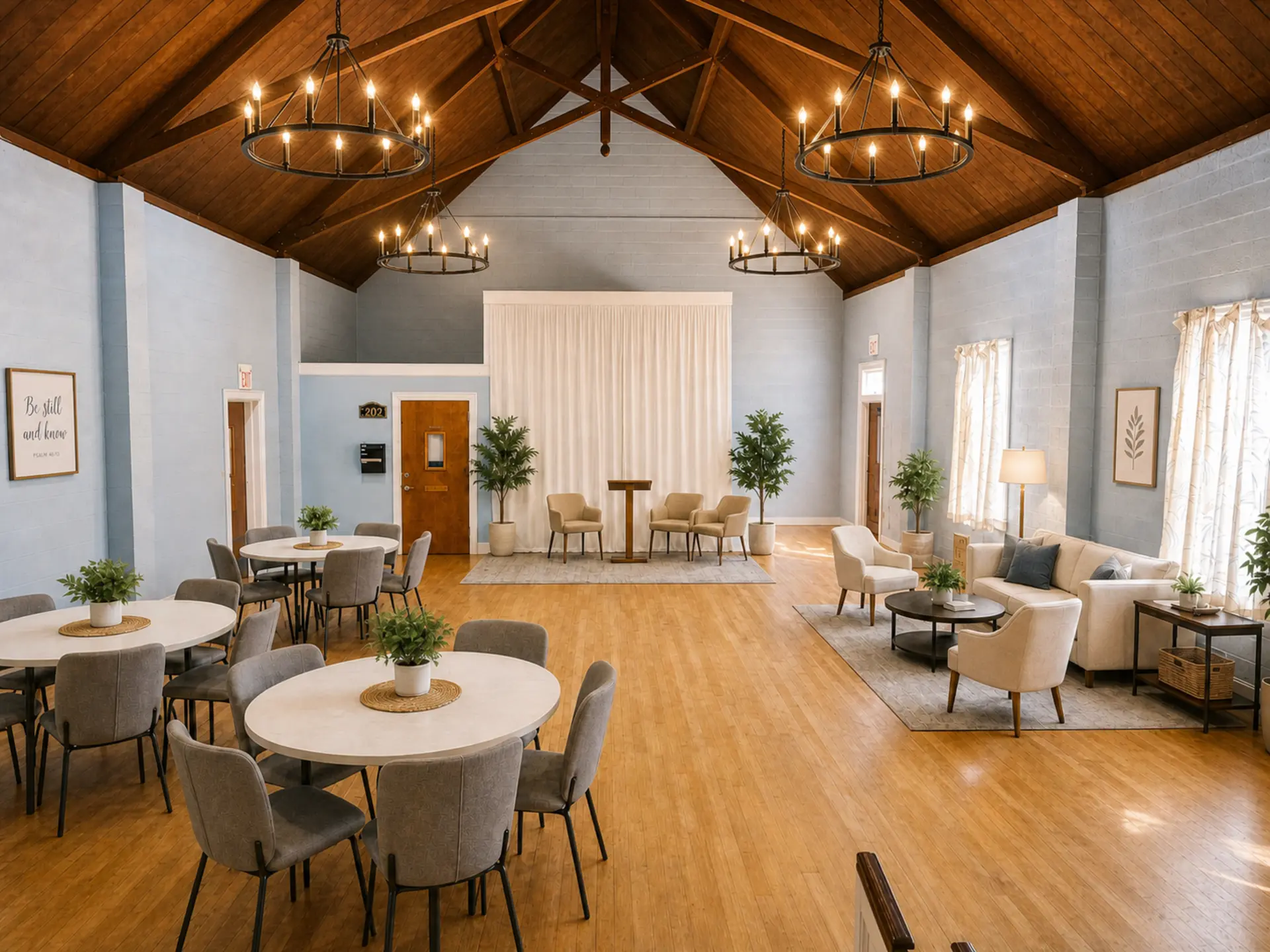 Virtually staged lower-level multipurpose hall concept